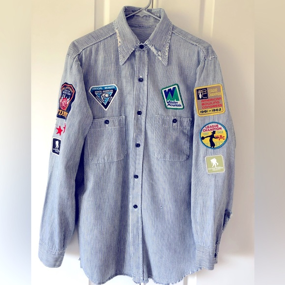 Distressed VTG embroidered patchs railroad ticking shirt XL Natural inst… - Picture 16 of 16